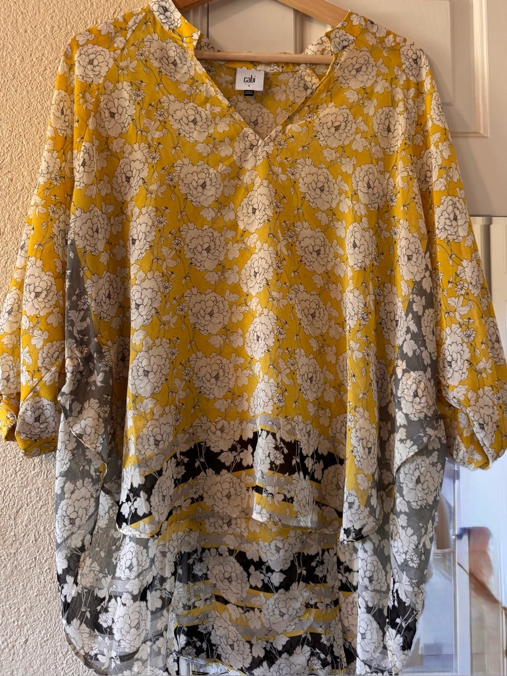 CAbi Yellow Floral V-Neck Sheer Tunic Blouse